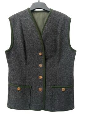 Vintage European Wool Gray Vest with Green Trim Antler Buttons 16 18 1X